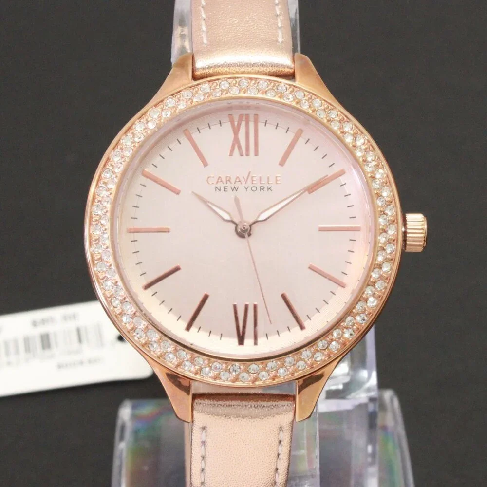 Caravelle Ladies Dress Watch By Bulova Crystal Bezel Dial Rose Gold Tones 38mm